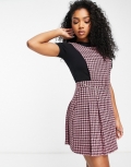 Miss Selfridge pleated dogtooth pinny dress with diamante trim detail in black and pink