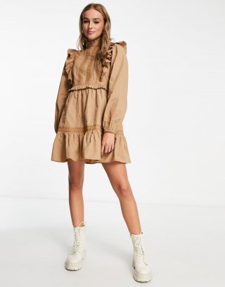 Miss Selfridge poplin victoriana lace insert mini dress in camel