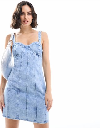 Miss Selfridge denim seamed mini dress in blue acid wash