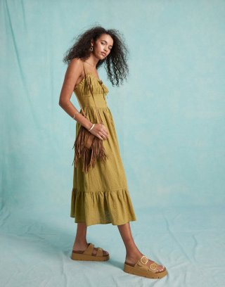 Miss Selfridge broderie tie front corset maxi slip sundress in khaki