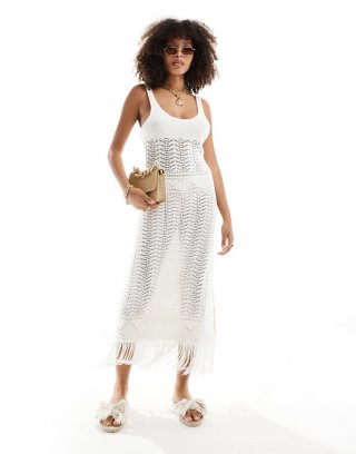 Miss Selfridge crochet fringe maxi dress in cream