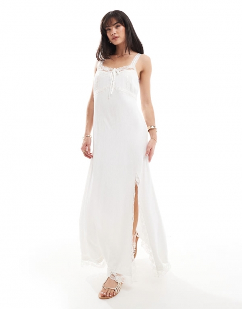 Miss Selfridge textured trim insert maxi slip dress in cream