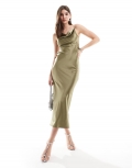 Miss Selfridge satin asymmetric cowl maxi dress in khaki