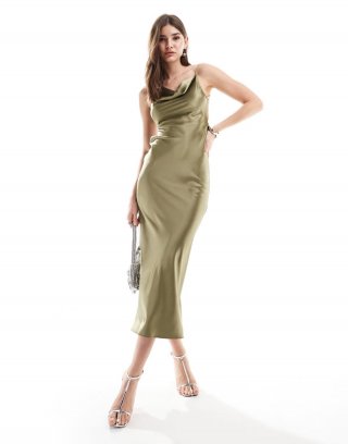 Miss Selfridge satin asymmetric cowl maxi dress in khaki