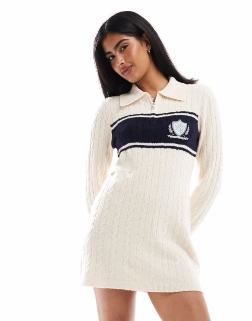 Miss Selfridge zip detail varsity polo collar knitted mini dress in cream