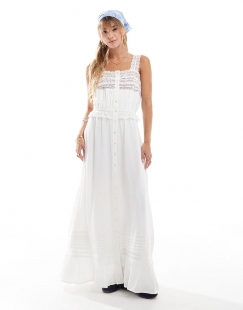 Miss Selfridge crinkle lace insert strappy maxi dress in cream