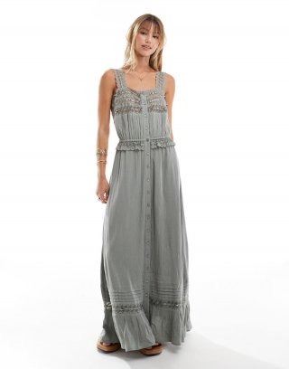 Miss Selfridge crinkle lace insert strappy maxi dress in washed gray