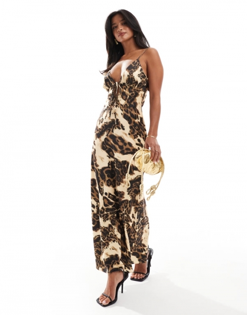 Miss Selfridge Petite satin tie front maxi slip dress in animal print