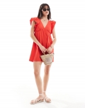 Miss Selfridge smock mini dress with eyelet sleeves in red