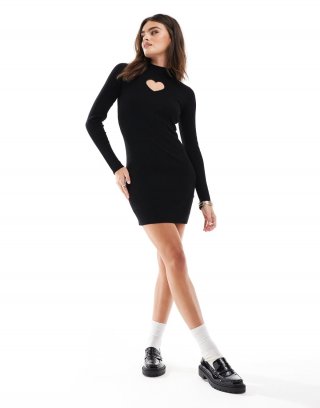 Miss Selfridge heart cut out knit ribbed mini dress in black