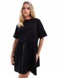 Miss Selfridge Petite short sleeve poplin hybrid smock mini t-shirt dress in black