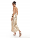 Miss Selfridge metallic lace up back detail strappy maxi dress in gold