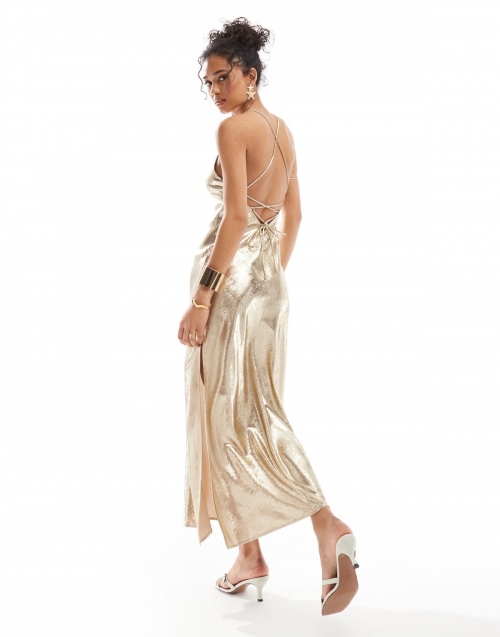 Miss Selfridge metallic lace up back detail strappy maxi dress in gold