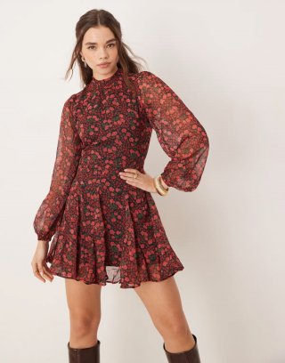 Miss Selfridge chiffon shirred neck godet mini dress in floral print