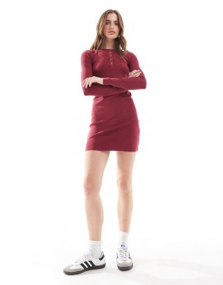 Miss Selfridge henley snap front long sleeve mini dress in burgundy