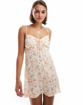 Miss Selfridge ribbon-trim detail strappy mini dress in pink ditsy print