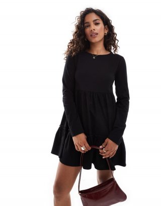 Miss Selfridge Petite long sleeve washed smock mini dress in black