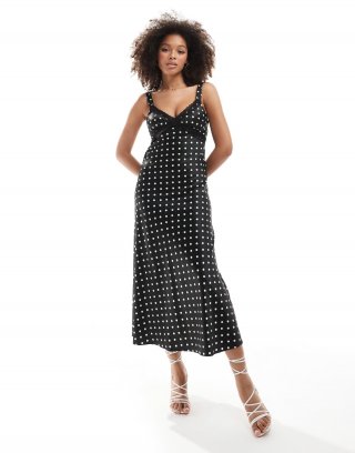 Miss Selfridge satin lace mix maxi slip dress in polka dot