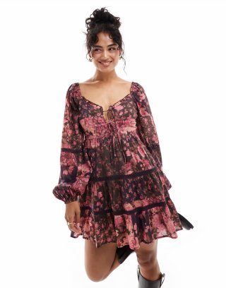 Miss Selfridge cotton lace insert tiered mini dress in patchwork floral