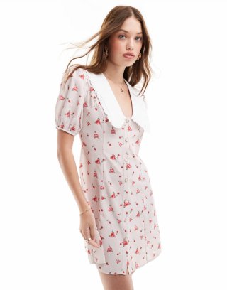 Miss Selfridge short sleeve collared mini dress in pink print