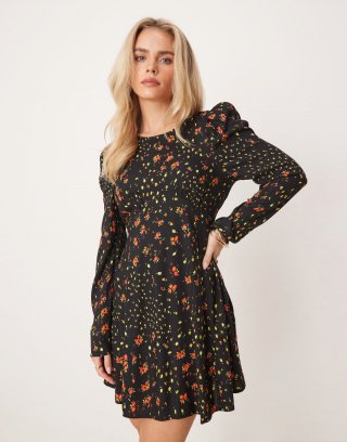 Miss Selfridge Petite ribbon detail tea dress in black floral print