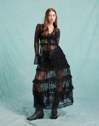 Miss Selfridge lace ruffle maxi dress in black