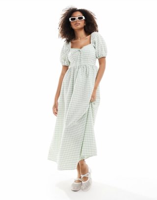 Miss Selfridge tie front midi dress in matcha gingham