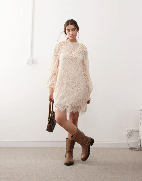 Miss Selfridge lace victoriana mini dress in light pink