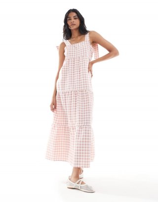 Miss Selfridge tiered gingham maxi dress with tie shoulders in pink