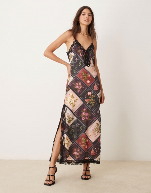 Miss Selfridge cami maxi dress with lace detail in patchwork print