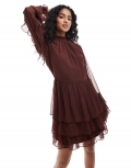 Miss Selfridge chiffon ruffle mini dress in brown