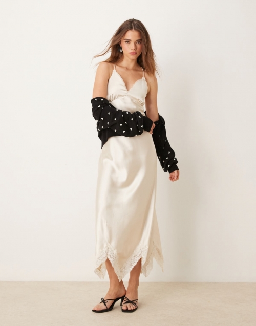 Miss Selfridge satin maxi dress with lace insert in ivory