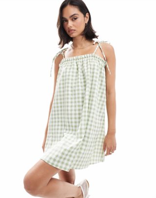 Miss Selfridge sage gingham tie shoulder smock dress