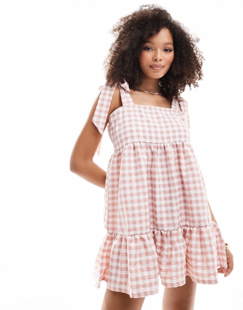 Miss Selfridge tiered gingham mini dress with tie shoulders in blush