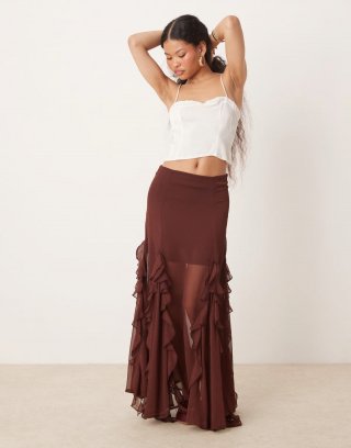 Miss Selfridge Petite ruffle flare insert maxi skirt in brown