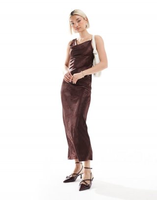 Miss Selfridge cowl neck satin midi slip dress in chocolate