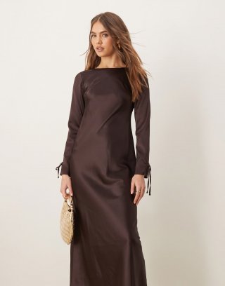 Miss Selfridge long sleeve maxi dress in brown