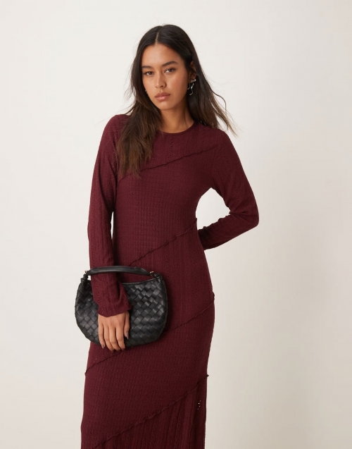 Miss Selfridge mixed texture long sleeve dress in burgundy