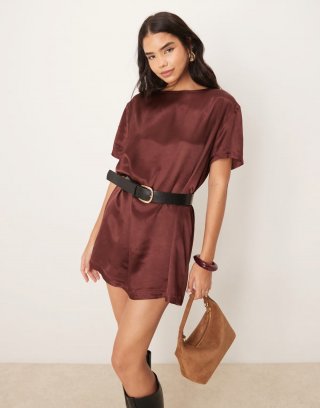 Miss Selfridge satin oversized mini t-shirt dress in chocolate