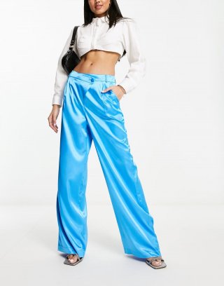 Miss Selfridge satin pants with drop waistband in blue - part of a set