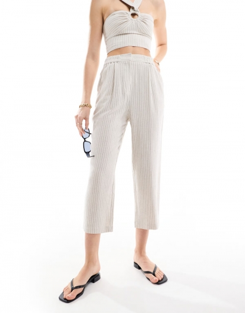 Miss Selfridge linen mix stripe pull on tapered pants in natural