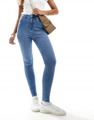 Miss Selfridge skinny high rise jeans in mid blue wash