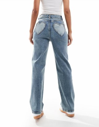 Miss Selfridge heart pocket straight leg jean in dirty wash