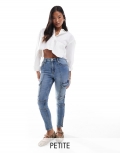 Miss Selfridge Petite cargo skinny jeans in mid blue wash