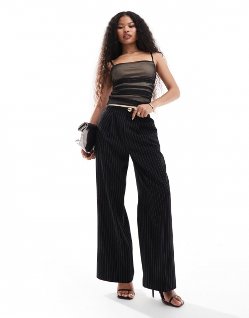 Miss Selfridge Petite tailored straight leg pants in mono pinstripe