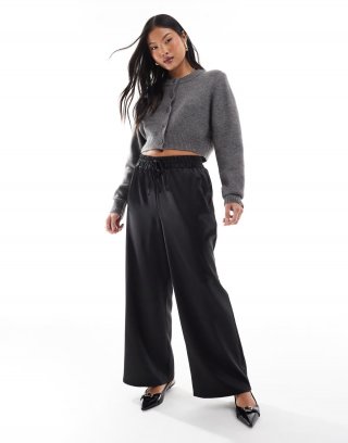 Miss Selfridge Petite satin wide leg pants in black