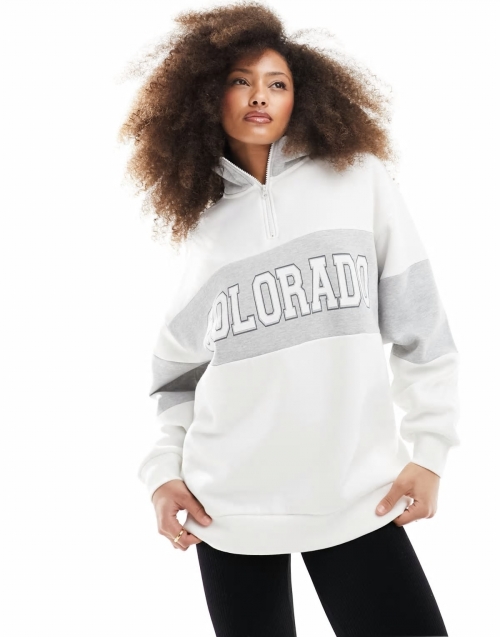 Miss Selfridge quarter zip Colorado graphic color block sweatshirt in white and gray heather