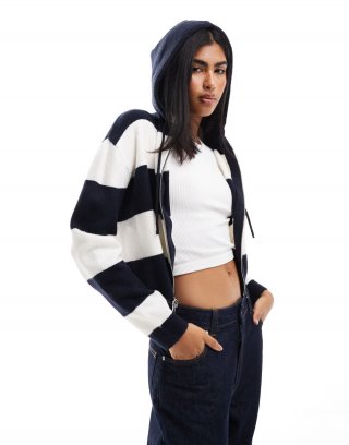 Miss Selfridge zip through crop knit hoodie in mono stripe