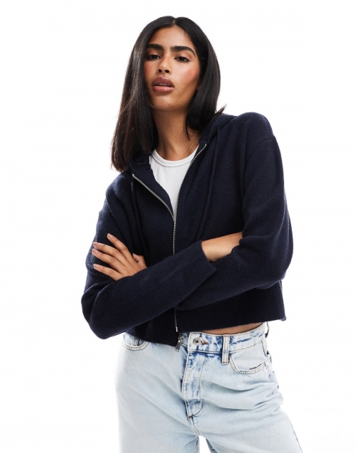 Miss Selfridge zip through crop knit hoodie in navy