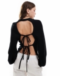 Miss Selfridge double tie back open back sweater in black